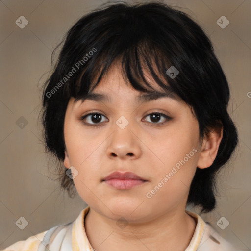 Neutral asian young-adult female with medium  brown hair and brown eyes