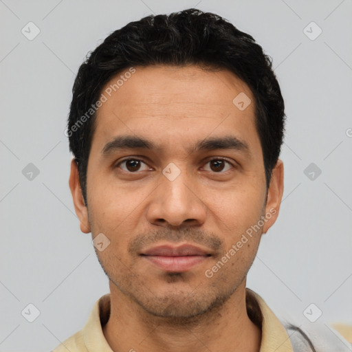 Neutral latino young-adult male with short  black hair and brown eyes