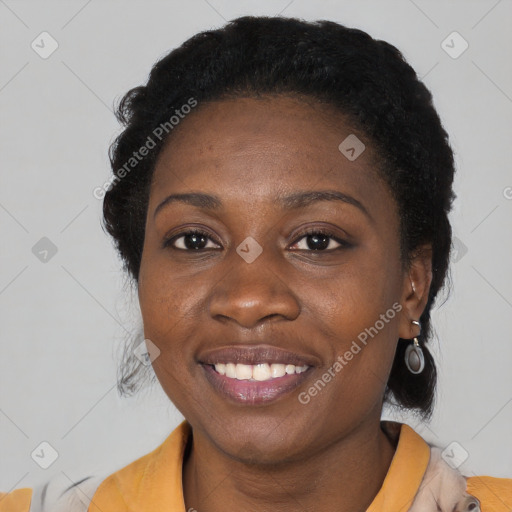 Joyful black young-adult female with medium  black hair and brown eyes