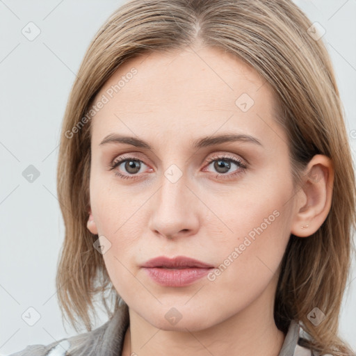 Neutral white young-adult female with medium  brown hair and blue eyes