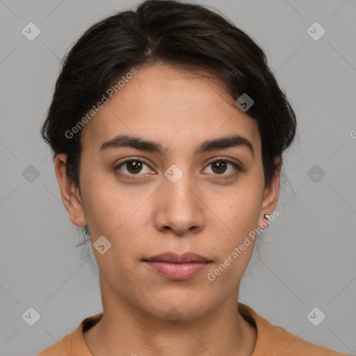 Neutral white young-adult female with short  brown hair and brown eyes