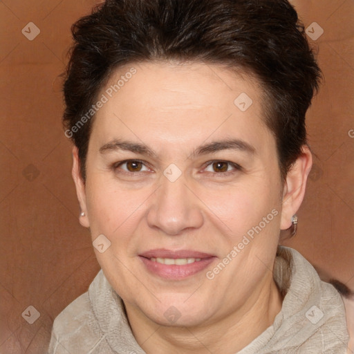 Joyful white adult female with short  brown hair and brown eyes