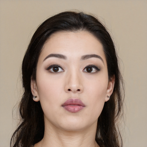 Neutral asian young-adult female with long  black hair and brown eyes