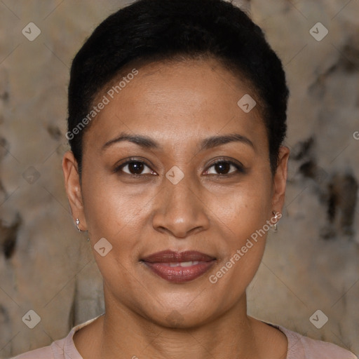 Joyful black adult female with short  brown hair and brown eyes