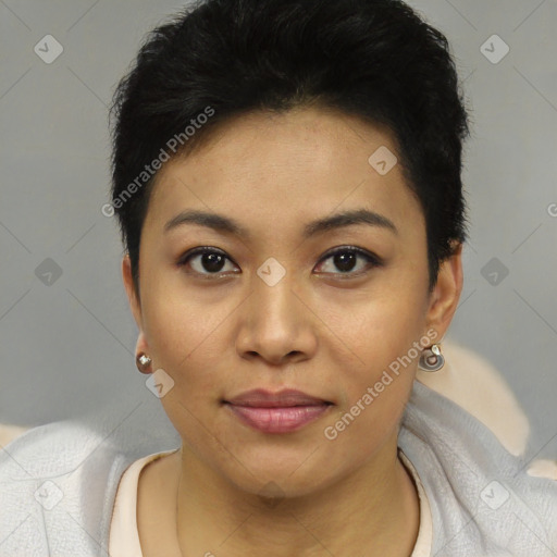 Joyful latino young-adult female with short  black hair and brown eyes