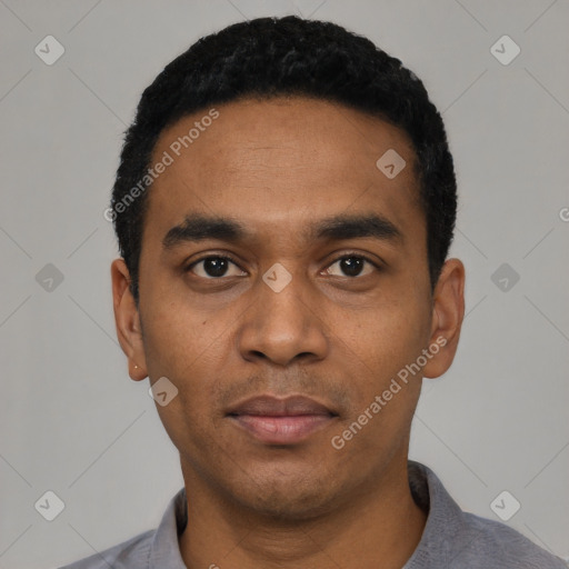 Neutral black young-adult male with short  black hair and brown eyes