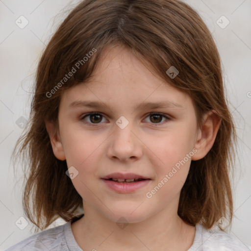 Joyful white child female with medium  brown hair and brown eyes