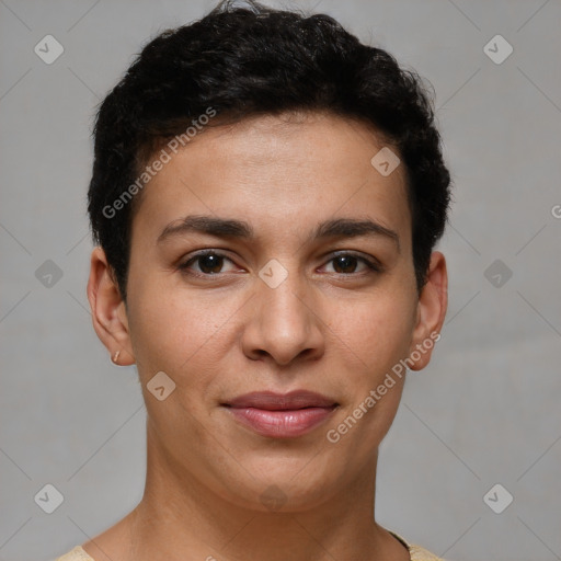 Joyful white young-adult female with short  brown hair and brown eyes