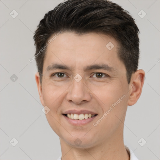 Joyful white young-adult male with short  brown hair and brown eyes