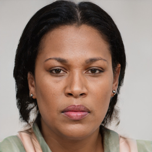 Neutral black young-adult female with medium  brown hair and brown eyes