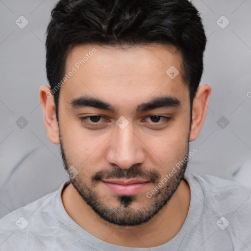 Neutral white young-adult male with short  black hair and brown eyes