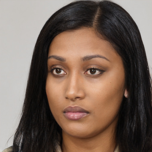 Neutral asian young-adult female with long  black hair and brown eyes