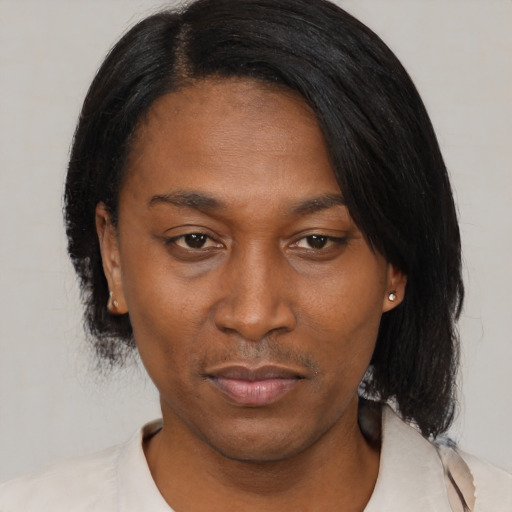 Neutral asian young-adult female with medium  black hair and brown eyes