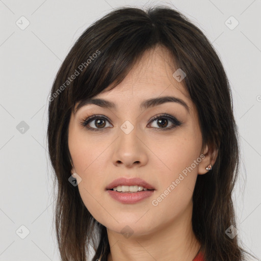 Joyful white young-adult female with long  brown hair and brown eyes