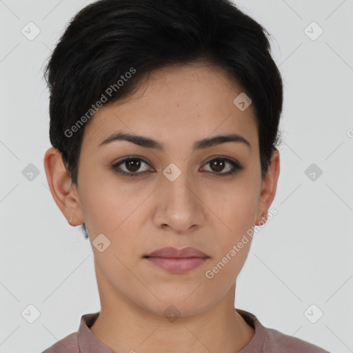 Joyful latino young-adult female with short  brown hair and brown eyes