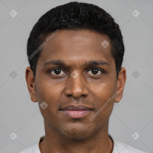 Neutral black young-adult male with short  black hair and brown eyes