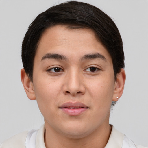Joyful asian young-adult male with short  brown hair and brown eyes