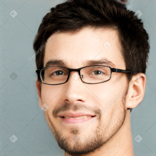 Neutral white young-adult male with short  brown hair and brown eyes