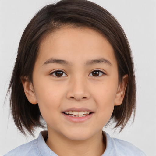 Joyful white child female with medium  brown hair and brown eyes