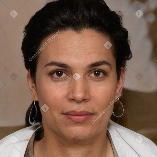 Joyful white adult female with short  brown hair and brown eyes