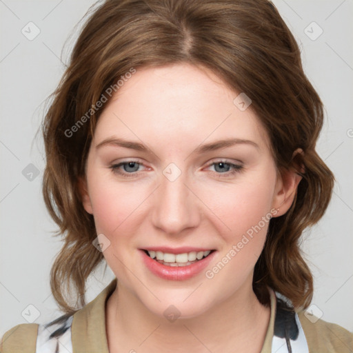 Joyful white young-adult female with medium  brown hair and blue eyes