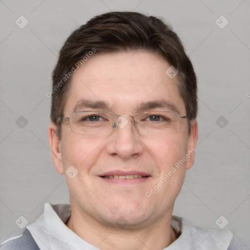 Joyful white adult male with short  brown hair and grey eyes