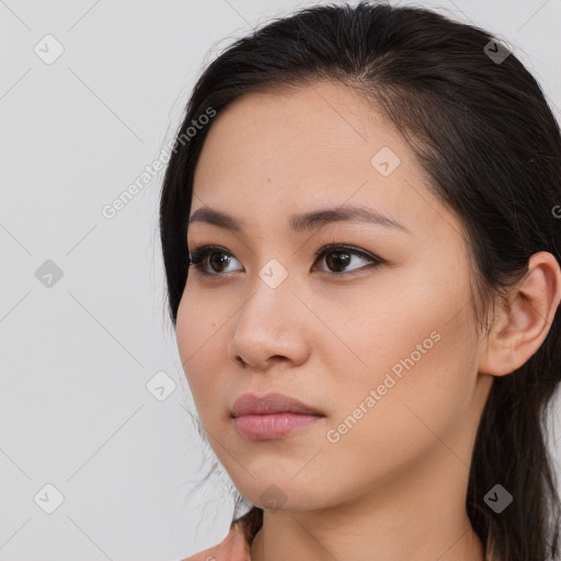 Neutral white young-adult female with long  brown hair and brown eyes