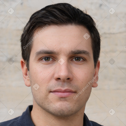 Neutral white young-adult male with short  brown hair and brown eyes