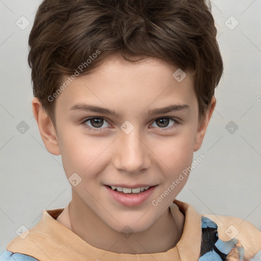 Joyful white child male with short  brown hair and brown eyes