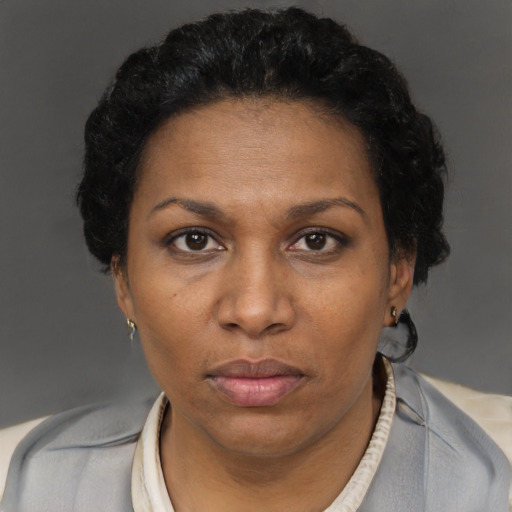 Neutral black adult female with short  brown hair and brown eyes