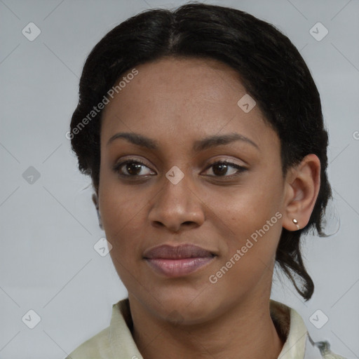 Joyful black young-adult female with medium  black hair and brown eyes