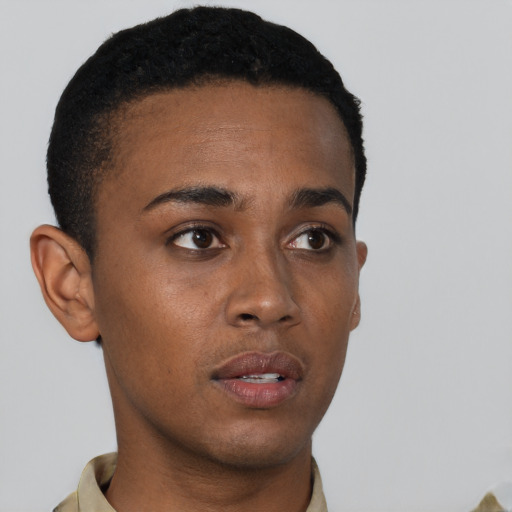 Neutral black young-adult female with short  brown hair and brown eyes