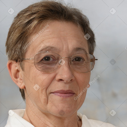 Joyful white middle-aged female with short  brown hair and brown eyes