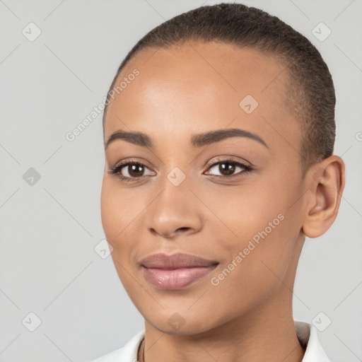 Joyful white young-adult female with short  brown hair and brown eyes