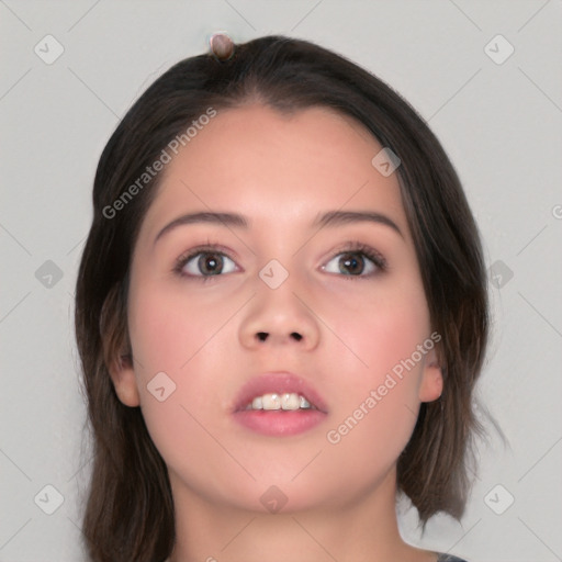 Neutral white young-adult female with medium  brown hair and brown eyes