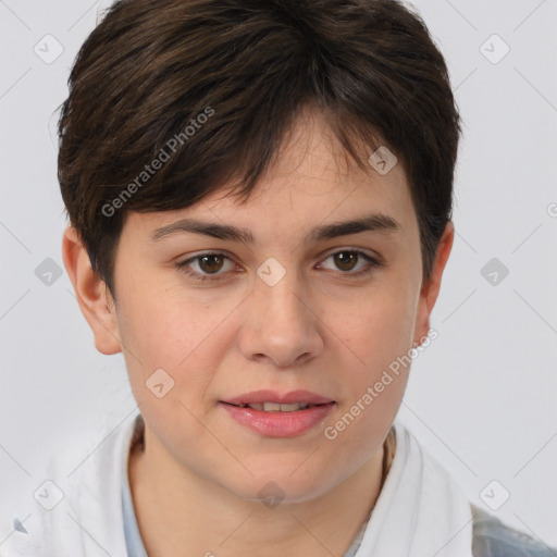 Joyful white young-adult female with short  brown hair and brown eyes