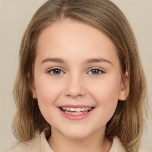 Joyful white child female with medium  brown hair and brown eyes