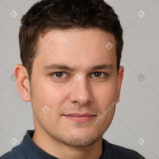 Neutral white young-adult male with short  brown hair and brown eyes