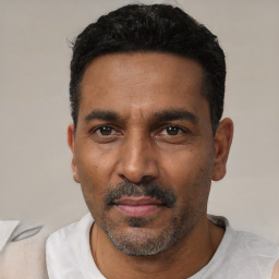 Neutral black adult male with short  black hair and brown eyes