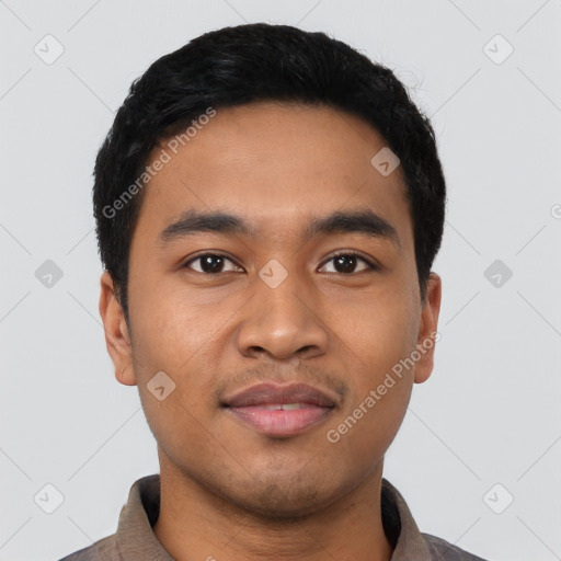 Joyful latino young-adult male with short  black hair and brown eyes