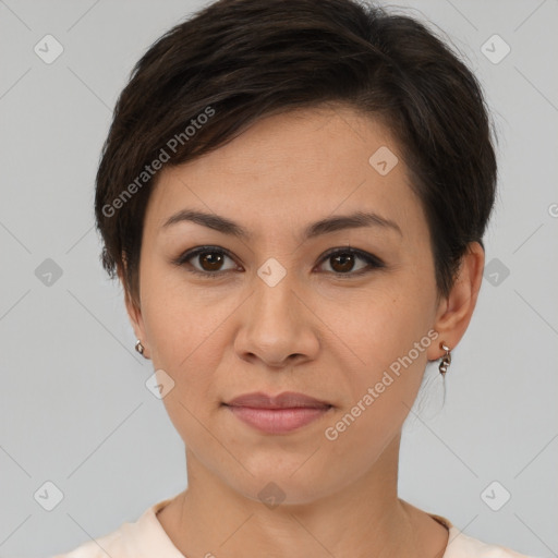 Joyful asian young-adult female with short  brown hair and brown eyes