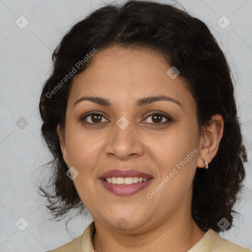 Joyful latino young-adult female with medium  brown hair and brown eyes