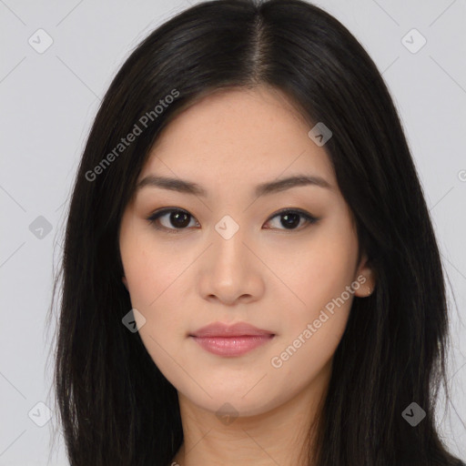 Neutral asian young-adult female with long  black hair and brown eyes