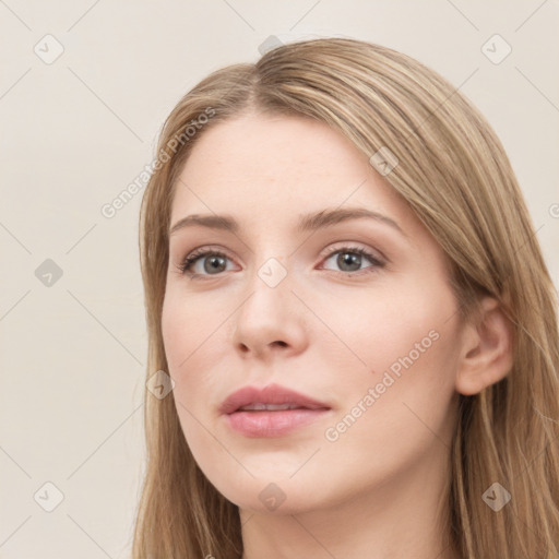 Neutral white young-adult female with long  brown hair and grey eyes