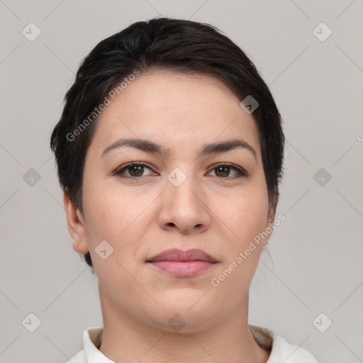 Neutral white young-adult female with short  black hair and brown eyes