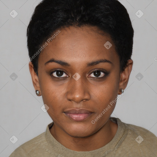 Neutral black young-adult female with short  black hair and brown eyes