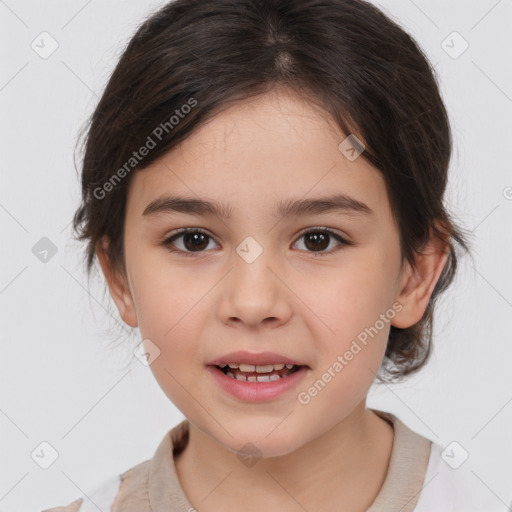 Joyful white child female with medium  brown hair and brown eyes