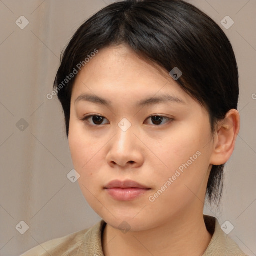 Neutral asian young-adult female with medium  brown hair and brown eyes