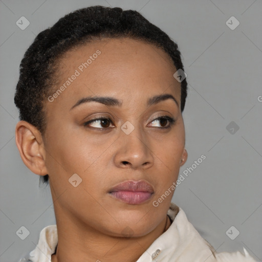 Neutral black young-adult female with short  brown hair and brown eyes