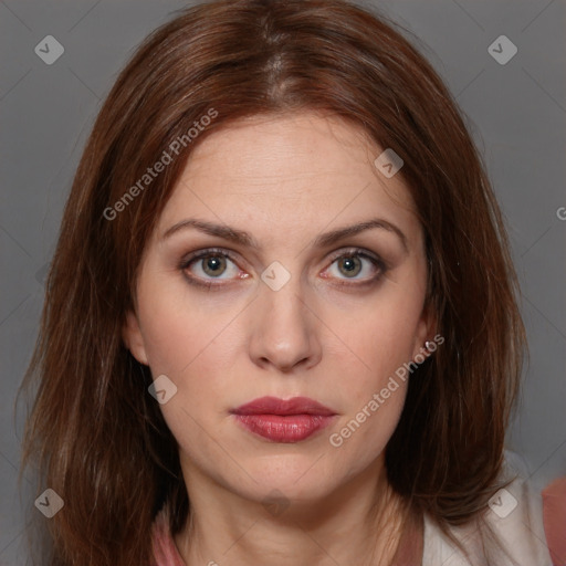 Neutral white young-adult female with medium  brown hair and grey eyes